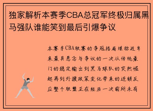 独家解析本赛季CBA总冠军终极归属黑马强队谁能笑到最后引爆争议